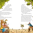 Ein Rabe mit Hut wedelt mit einem Stock auf Kinder und Tiere an einem Tisch, umgeben von Bäumen und herbstlichen Blättern.