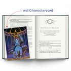 Text: "mit Charactercard", "Ein Fehler aus Mitgefühl". Eine Illustration zeigt zwei Personen bei einem Teleskop mit Sternenhimmel.