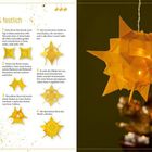 "Beleuchtet & festlich", Anleitung zum Falten eines gelben Sterns mit mehreren Schritten und Foto eines leuchtenden Sterns.