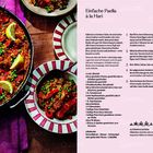 "Einfache Paella à la Hari" steht im Mittelpunkt. Es gibt ein Rezept, Pasta und bunte Paella-Essen auf Tellern.