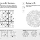 "Ungerade Sudoku" und "Labyrinth" beschriften Rätsel. Links Sudoku mit Zahlen; rechts ein rundes, komplexes Labyrinth.