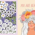 "You Are Beautiful." Links: Dichte Anordnung von weißen Blumen mit grünen Blättern. Rechts: Frau mit Blumenkranz und geschlossenen Augen.