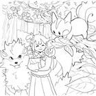 Eine Illustration zeigt ein lächelndes Mädchen mit einem Korb im Wald, begleitet von einem flauschigen Tier und einer Katze.