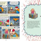 Comic: SuperHirni findet Maschine auf Dach, entschärft Strahlenbombe durch falsche Verkabelung. Doktor Dino scheitert.