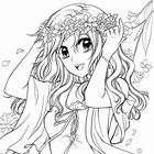 Eine Manga-Illustration zeigt ein fröhliches Mädchen mit Blumenkranz im Haar und wehendem Kleid.