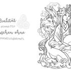 Links steht: "Die Realität ist etwas für Menschen ohne Vorstellungskraft." Rechts eine Illustration mit einer Person und Füchsen.