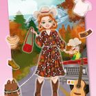 Illustration einer Frau in Cowboyhut, Herbstkleid und -stiefeln, umgeben von austauschbaren Kleidungsstücken.