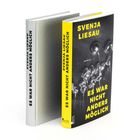 Text auf zwei Buchrücken: "SVENJA LIESAU ES WAR NICHT ANDERS MÖGLICH". Vorderseite zeigt silberne Luftballons.