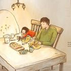Den Abend verbrachten wir alle miteinander und aßen zusammen. Eine Illustration zeigt eine Familie beim Abendessen.