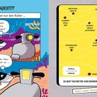 „Untergetaucht!? Superhai findet nur den Roller ... Hmmm. Wohin ist Tamina verschwunden?“ Illustration: Ein Hai neben einem Roller und einer Karte mit Zielen wie „Bücklings-Grotte“ und „Messer-Felsen“.