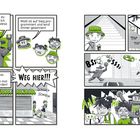 Texte: "Stehen bleiben, ihr frechen Kinder!", "Mülli ist auf Sieg programmiert", "Weg hier!!!", "EIS", "Meine Gelenke müssen geölt werden!" Ein Cartoon mit einem Roboter und flüchtenden Kindern, viele Geräusche und Bewegung.