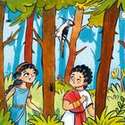 "Findest du Jason?" oben rechts. Illustration: Zwei Kinder im Wald mit Tieren. Ein Eichhörnchen, ein Specht und eine Eule sind sichtbar.