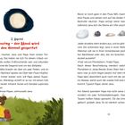 2. Kapitel: Dienstag – der Mond wird in den Himmel gespritzt. Illustration: Mädchen sitzt im Gras, Mond und Steine.