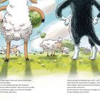 Zwei große Tiere in der Mitte, ein schwarzes und ein Schaf. Links ein Esel, mehrere Schafe, spielerische Szene auf der Wiese.