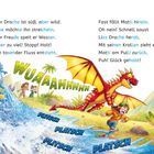 Ein roter Drache mit gelben Flügeln speit Wasser, Kinder rennen weg. Geräusche: "WUAAAHHH" und "PLATSCH". bunte Illustration.