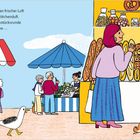 Auf einem Markt kaufen Menschen frische Backwaren ein. Eine Frau und ein Kind betrachten die Auslage voller Brötchen.