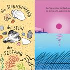 Links sind eine Hand mit Muscheln, Steinen und Federn. Rechts segelt ein Boot, eine Möwe steht auf einem Pfosten.