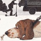 Text: "Doch schon wieder Menschen, Gestank, Lärm... leib." Illustration: Ein Hund an der Leine und Mäuse mitten im Verkehr.