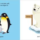 Text: "Pinguin und Eisbär, wie jeder weiß, lieben die Kälte im ewigen Eis." Links Pinguine, rechts Eisbär mit Nordpol-Schild.