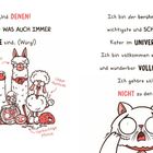 Texte: "Und DENEN!", "Wer oder WAS AUCH IMMER DIE sind.", "Ich bin der berühmteste, wichtigste und SCHÖNSTE Kater im UNIVERSUM." Eine Illustration zeigt einen erschrockenen Kater und skurrile Tiere.