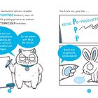 Links: Katze erklärt die "drei Ps" mit Schriftzug "PPP". Rechts: Text "KEINE PO-PRODUKTE!" Kaninchen wird angesprochen.