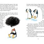 Ein Pinguin sitzt im Schnee mit einer dunklen Wolke über ihm. Zwei Pinguine schauen auf einen Schmetterling.