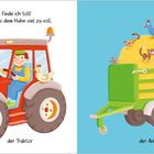 "Traktorfahren finde ich toll! Auf dem Anhänger ist es dem Huhn viel zu voll." Illustration: Traktor, Anhänger mit Heu und Tieren.