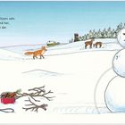 Ein Schneemann steht rechts. Links ein Schlitten mit Schal. Hinten ein Fuchs, Rehe und ein Haus im Schnee.