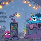 „Kuckuck! Das ist Kuschelbert, das kleine Monster. Er und Krabbel leben zusammen auf einem gemütlichen Dachboden. Hier kann man monstermäßig gut Verstecken spielen!“ Eine bunte Illustration zeigt zwei fröhliche, bunte Monster in einem Dachboden voller Spielzeug und Lichterketten.