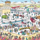 Checkliste: Flugplatz. Illustration eines belebten Flughafens mit vielen Personen, Flugzeugen und Aktivitäten.