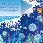 „Schau, wie die Delfine silbrig blitzen! Willst du auf ihrem Rücken sitzen und so durch die Wogen flitzen?“ Zwei Delfine springen über Wellen, ein Kind reitet einen weiteren Delfin durch eine farbenfrohe Unterwasserwelt.