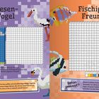 **Riesen-Vogel:** Illustration eines Straußes. **Fischiger Freund:** Pixelige Fischabbildungen und eine Vorlage zum Ausmalen.