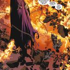 Ein vermummtes Wesen schwebt in einer Szene mit Feuer und Trümmern, umgeben von Ketten, in intensiven Orange- und Schwarztönen.