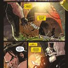 Szene mit Comic-Illustration. Charaktere mit Waffen vor Berliner Kulisse und Dialogen über Treffen in einem Versteck.