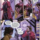 Mehrere Panels: Ein Mann in rotem Mantel spricht mit einer Frau am Schreibtisch. Sternlichter im Hintergrund. Dialoge über Macht.