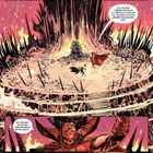 Eine dämonische Figur, roter Umhang, Flammen umgeben einen knochenartigen Thron. Stimmung ist bedrohlich.