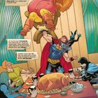 Comic: Eine Szenerie in Asgard mit fröhlichem Beisammensein. Thor hebt einen Mann hoch. Tisch mit Essen, Gäste lachen.