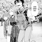 Eine Manga-Illustration: Vier Figuren unter einem blühenden Baum. Eine Figur sagt: „WIR SIND DA!". Text: „BLÜTENTRAUM 15".