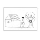 Eine Illustration: Mädchen in einem Kleid vor einem Haus und einem Baum mit einem Vogelhaus.