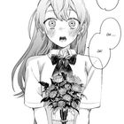 "Tsumugi. Oh ... ja!" Ein Mädchen ist überrascht, mit großen Augen. Vor ihr steht ein Blumenstrauß in einer Vase.
