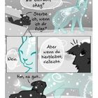 Text: "Folg mir einfach, okay? Sterbe ich, wenn ich dir folge? Nein. Aber wenn du hier bleibst, vielleicht. Hm, na gut..."  

Illustration: Ein schwarzes Tier spricht mit einem leuchtenden, magischen Wesen im Schnee.