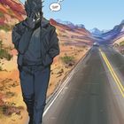 Sprechblase: "..." und "ICH HABE ANGST." Ein Mann läuft auf einer einsamen Straße in einer kargen Landschaft.