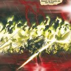 Illustration mit Text: „Und es kam Hagel und Feuer, mit Blut vermengt.“ Blitz und kämpfende Figuren in roter Flut.
