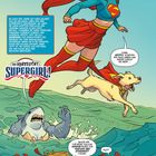 Texte: Kara Zor-El ist die einzige Überlebende von Argo City. Sei verflucht, Supergirl! Komm, Krypto, ins Meer...

Eine Illustration zeigt Supergirl und einen fliegenden Hund über dem Meer. Ein Hai ist im Wasser.