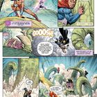 Comic-Szenen von Superhelden im Kampf gegen ein riesiges Tentakelmonster. Unterschiedliche Charaktere agieren mutig.