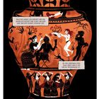 Es ist eine Illustration einer antiken griechischen Vase mit Szenen von Figuren in Kleidung der Antike.