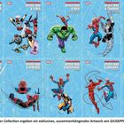 Zehn Comic-Cover, jedes zeigt Spider-Man und verschiedene Marvel-Helden auf blauem Hintergrund mit einem Netz-Muster.