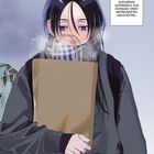 Eine Person mit blauen Augen und Schal hält eine braune Papiertüte. Texte beschreiben einen Weg zu einem Architekten.