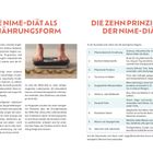 **DIE NIME-DIÄT ALS ERNÄHRUNGSFORM** | **DIE ZEHN PRINZIPIEN DER NIME-DIÄT**  
Links: Text über die nachhaltige Ernährung der NiMe-Diät.  
Rechts: Tabelle mit 10 Regeln der Diät.  
Mittig: Füße auf einer Waage.