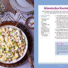 "Klassischer Kartoffelsalat" Rezeptseite mit Zutatenliste und Anleitung, Foto eines Kartoffelsalats auf weißem Tuch.